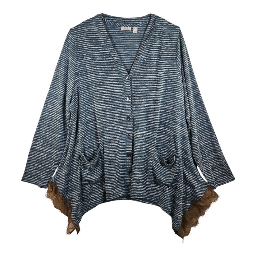 Logo Lori Goldstein Green Striped Long Sleeve Button Up Lace Tunic XL